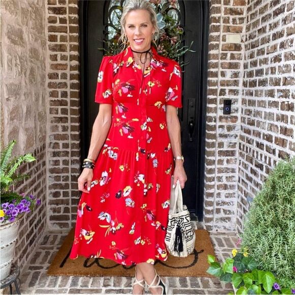 CAbi Women’s Afternoon Midi Dress 6218 Red Floral Size Small Short Sleeve - Picture 4 of 11